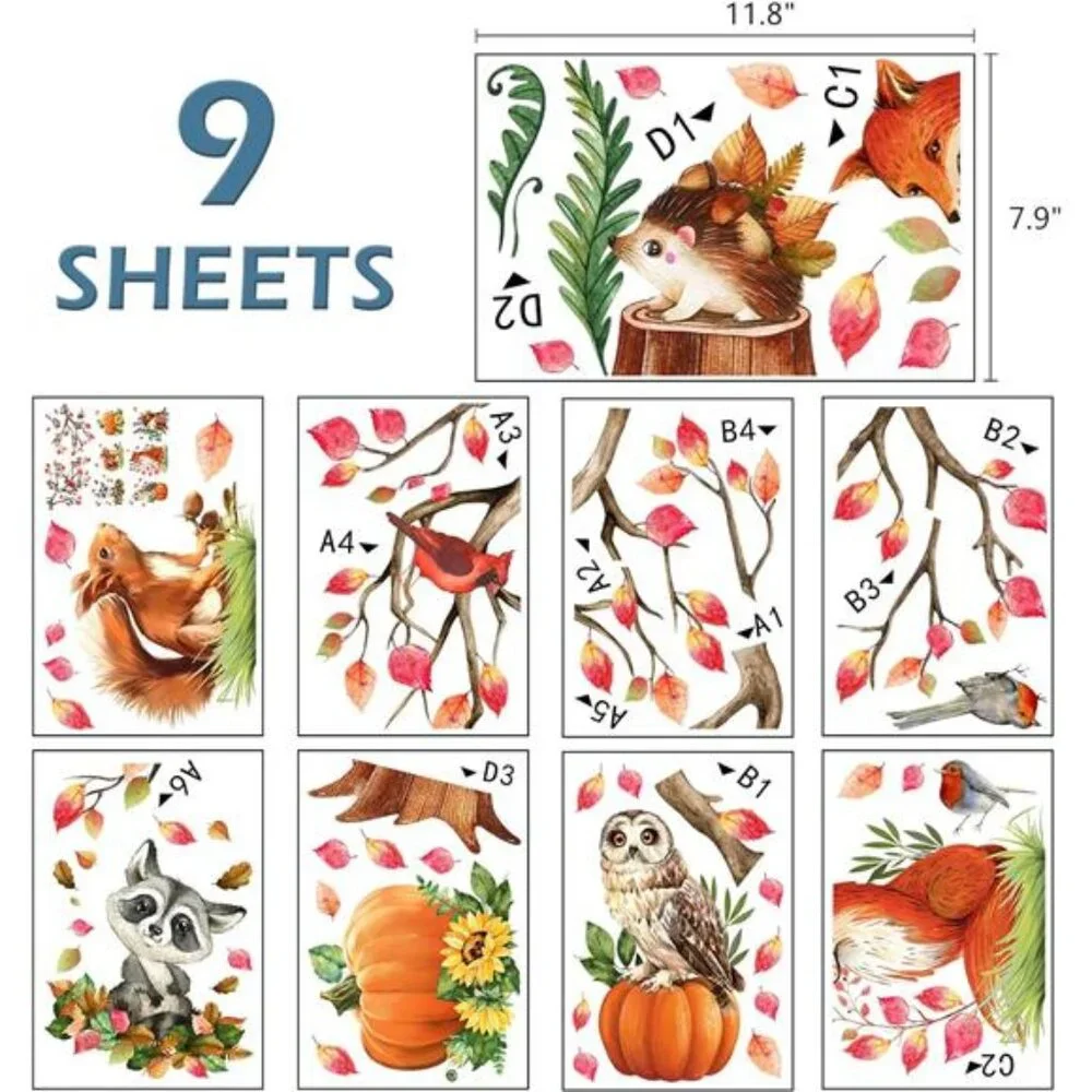 Fall Woodland Animals Window Clings -Fox, Owl, Raccoon, Pumpkin & Autumn Sticker